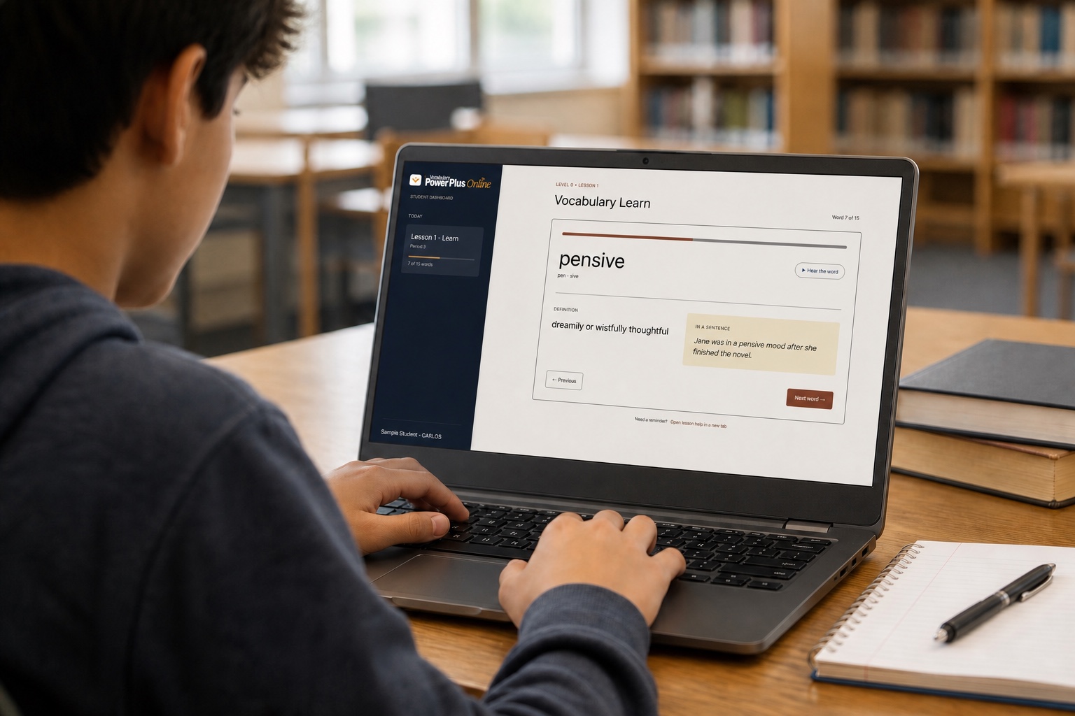 A student using the VPPO vocabulary lesson on a Chromebook in a school library
