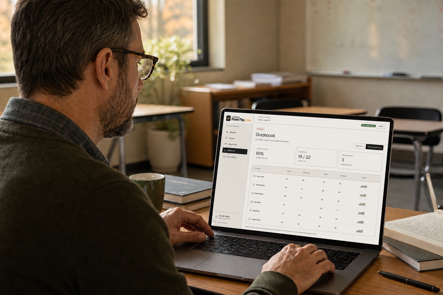 A teacher reviewing the VPPO gradebook on a laptop in a classroom