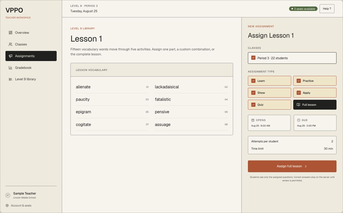 Sample VPPO assignment builder with every lesson activity selected and scheduling controls