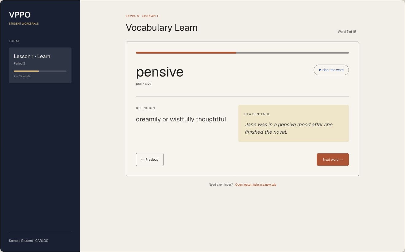 Sample VPPO student vocabulary lesson showing the word pensive, its definition, example sentence, and progress